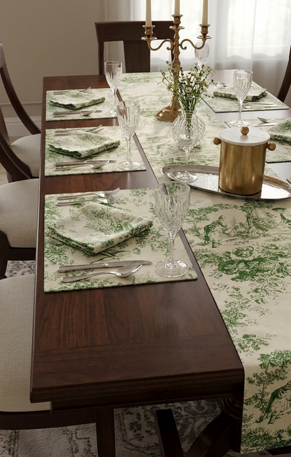 Green Toile de Jouy Table Trio | Runner, Placemats & Napkins Set for 6