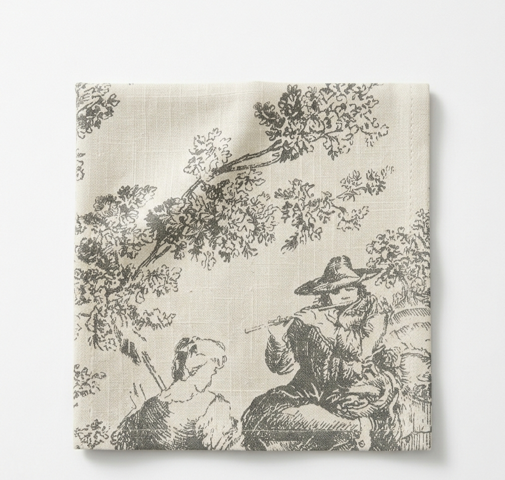 Grey Toile de Jouy print detail on cocktail napkin - Viraasa