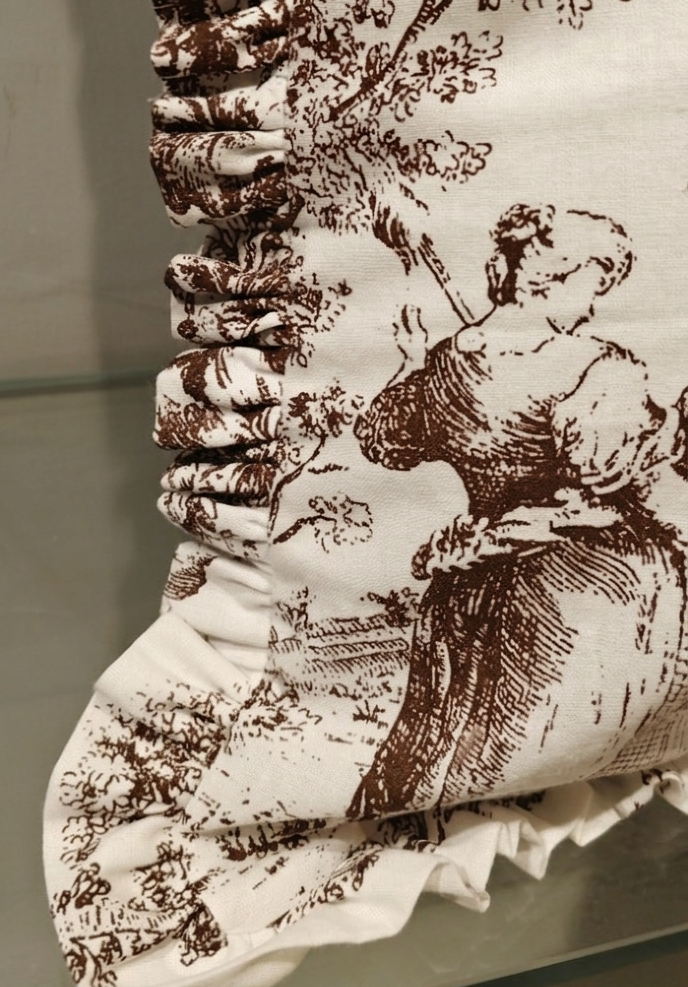 Brown Toile cushion styled on sofa - Viraasa luxury French linens