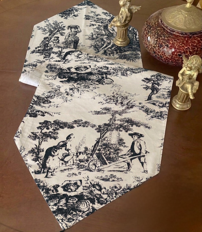 Black Toile de Jouy Noir Cotton Table Runner | French Print Dining