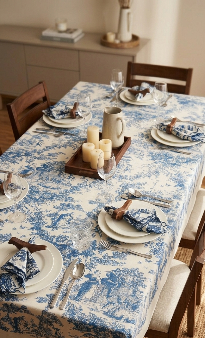 Blue Toile de Jouy Table Cover & Napkins Set | Table Cover with 6 Scallop Napkins
