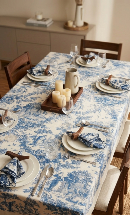 Blue Toile de Jouy Table Cover & Napkins Set | Table Cover with 6 Scallop Napkins