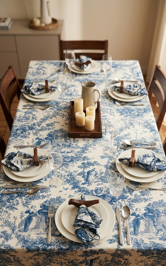 Blue Toile de Jouy Table Cover & Napkins Set | Table Cover with 6 Scallop Napkins