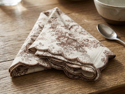 Brown Toile de Jouy Scallop Linen Napkins Set of 6 | Premium French Dining