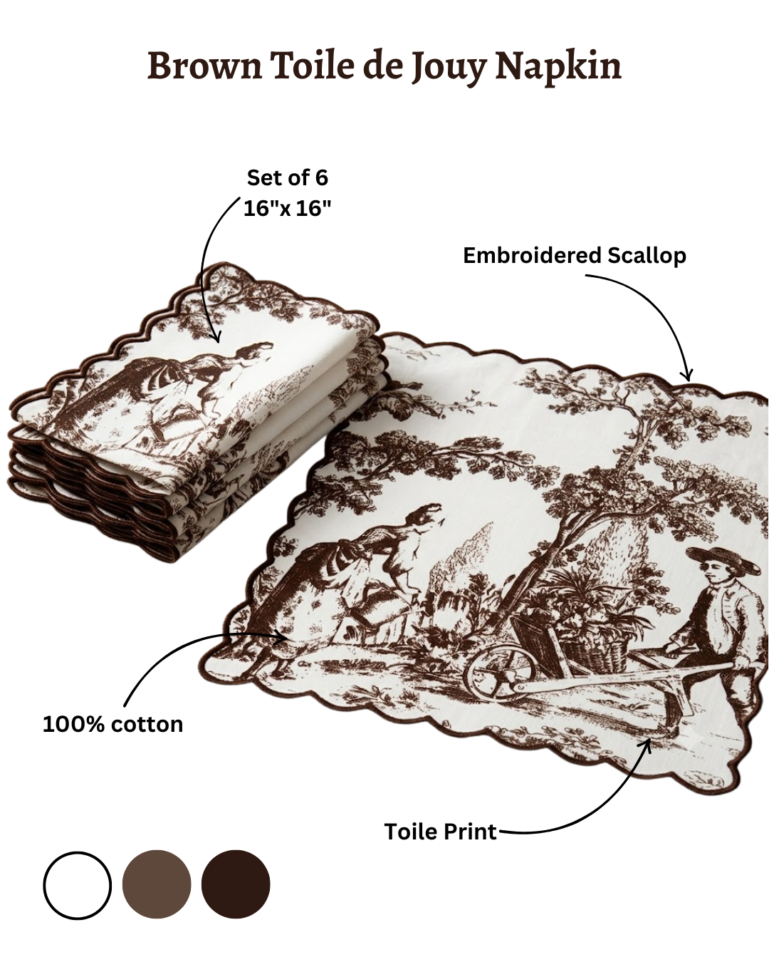 Cocoa Brown Toile de Jouy Scallop Napkins | Embroidered Set of 6