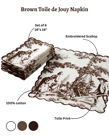 Cocoa Brown Toile de Jouy Scallop Napkins | Embroidered Set of 6