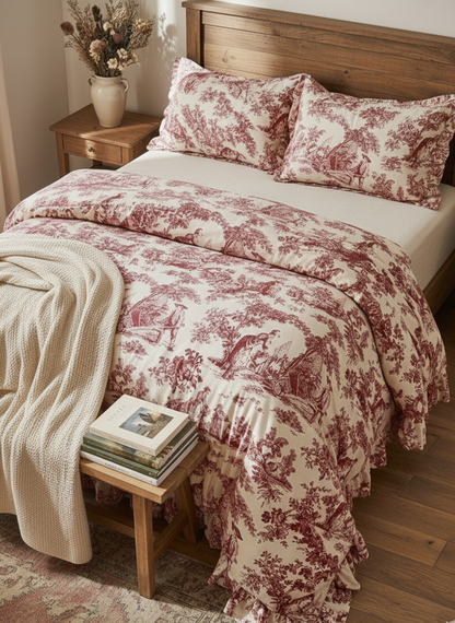 Red Toile de Jouy 3-Piece Comforter Set | Luxury French Print Bedding