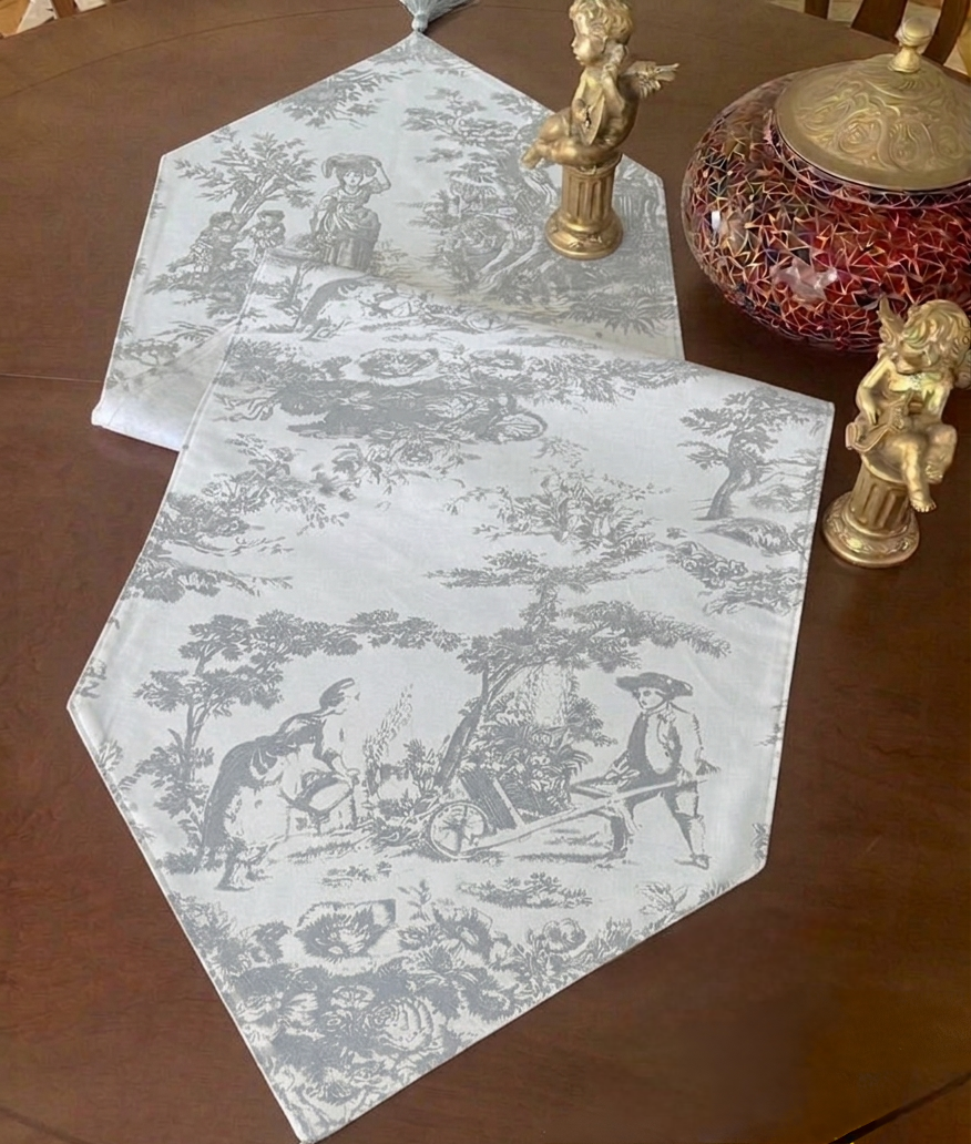 Grey Toile de Jouy Cotton Table Runner | French Print Dining Runner