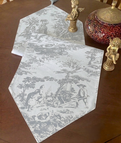 Grey Toile de Jouy Cotton Table Runner | French Print Dining Runner