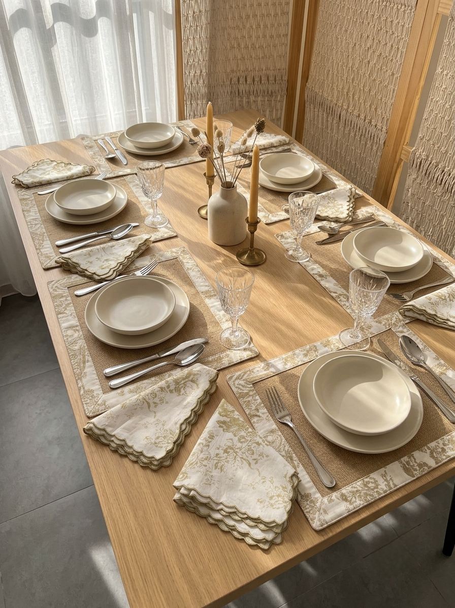Beige Toile Frame & Napkin Set | Toile Frame Placemats with Scalloped Napkins Set of 6