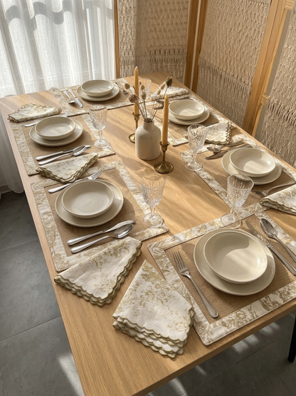 Beige Toile Frame & Napkin Set | Toile Frame Placemats with Scalloped Napkins Set of 6