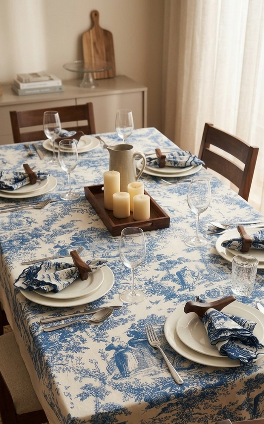 Blue Toile de Jouy Table Cover & Napkins Set | Table Cover with 6 Scallop Napkins