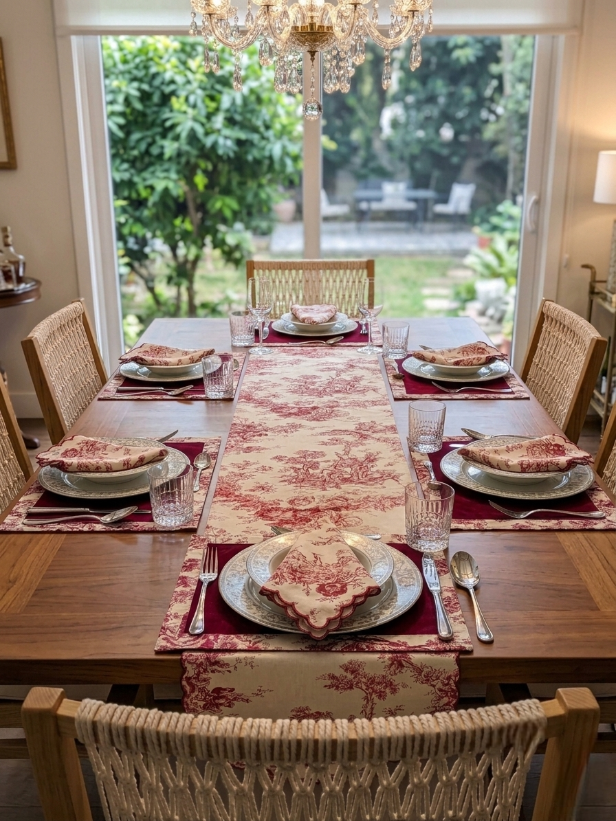 Red Toile Frame Table | Runner, Placemats & Scalloped Napkins Set