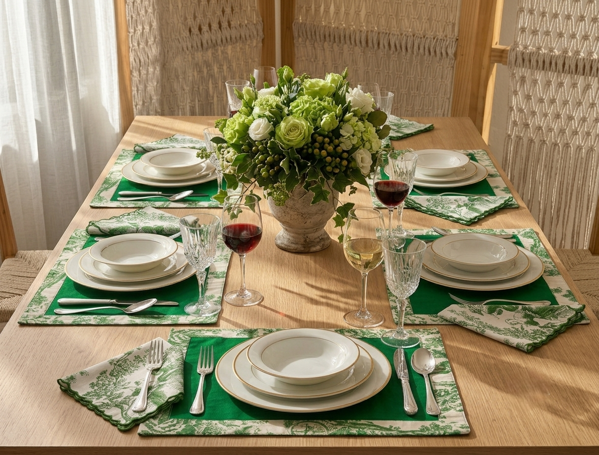 Green Toile Frame & Napkin Set | Toile Frame Placemats with Scalloped Napkins Set of 6