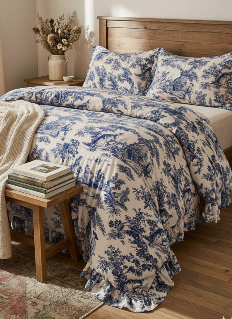 Blue Toile Print Comforter Set