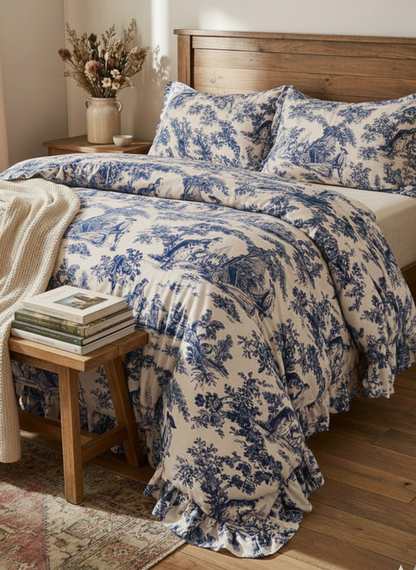Blue Toile de Jouy 3-Piece Comforter Set | Luxury French Print Bedding