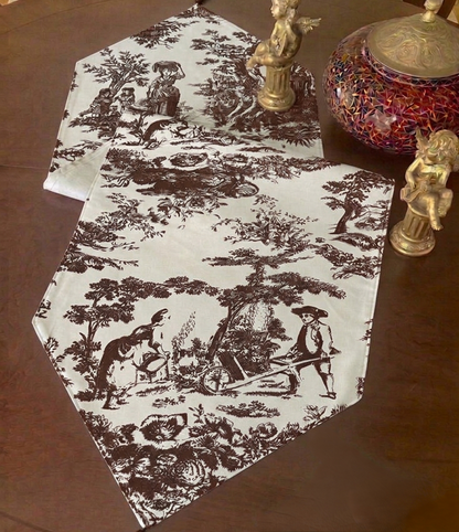 Brown Toile de Jouy Cocoa Cotton Table Runner | French Print Dining
