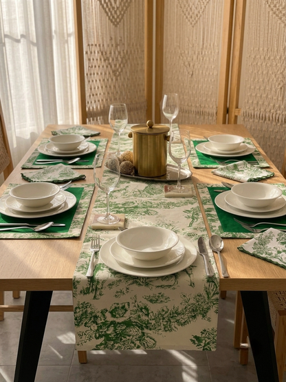 Green Toile Frame Table | Runner, Placemats & Scalloped Napkins Set