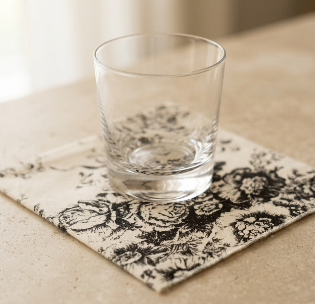 Black Toile de Jouy print detail on cocktail napkin - Viraasa
