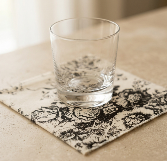 Black Toile de Jouy print detail on cocktail napkin - Viraasa