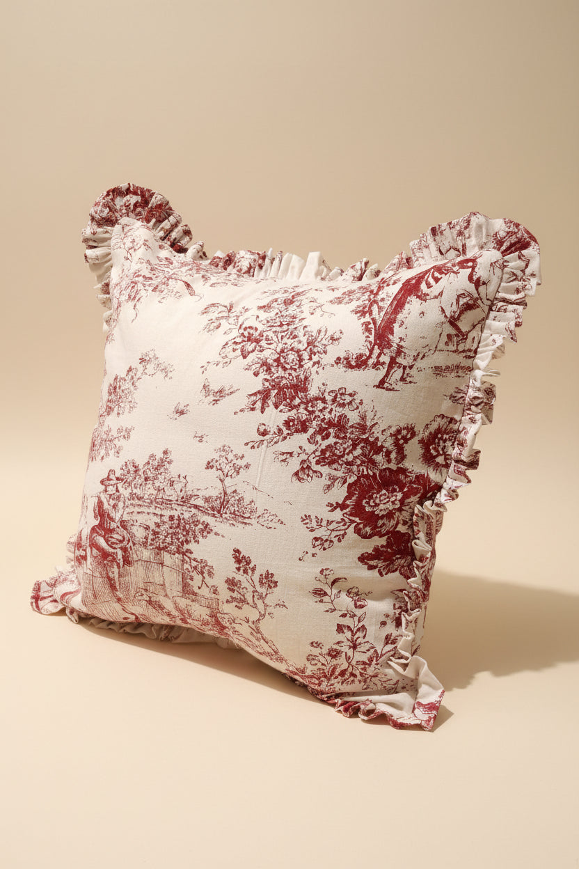 Red Toile de Jouy print detail on cushion - Viraasa