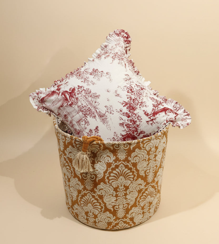 Close-up of red Toile pattern on cotton cushion - Viraasa