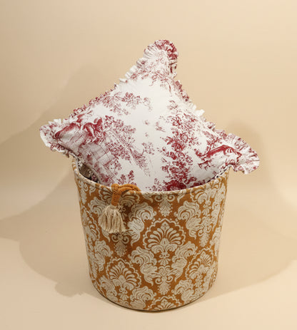 Close-up of red Toile pattern on cotton cushion - Viraasa
