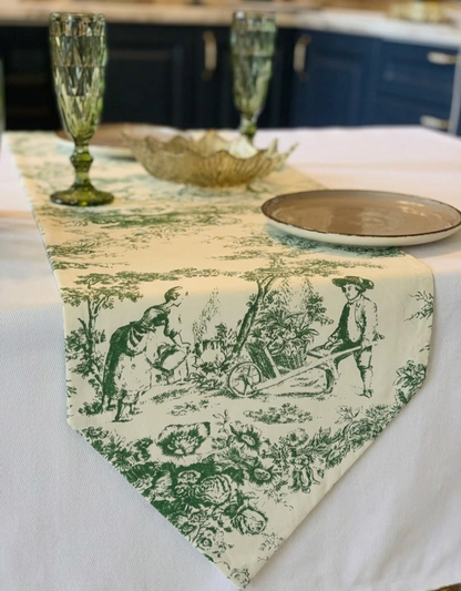 Green Toile de Jouy Sage Cotton Table Runner | French Print Dining Decor