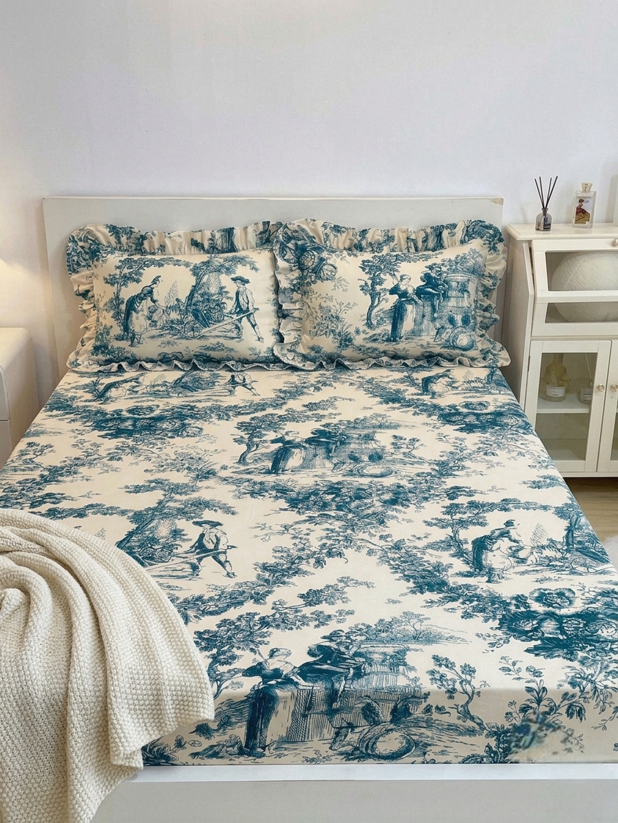 Blue Toile de Jouy Cotton Bedsheet Set of 3 | Luxury French Print Bedding