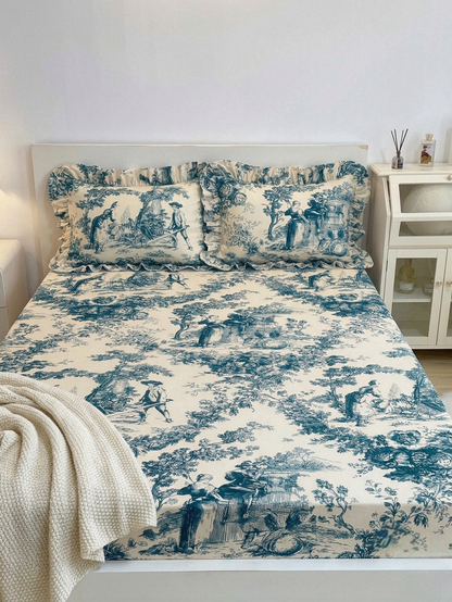 Blue Toile de Jouy Cotton Bedsheet Set of 3 | Luxury French Print Bedding