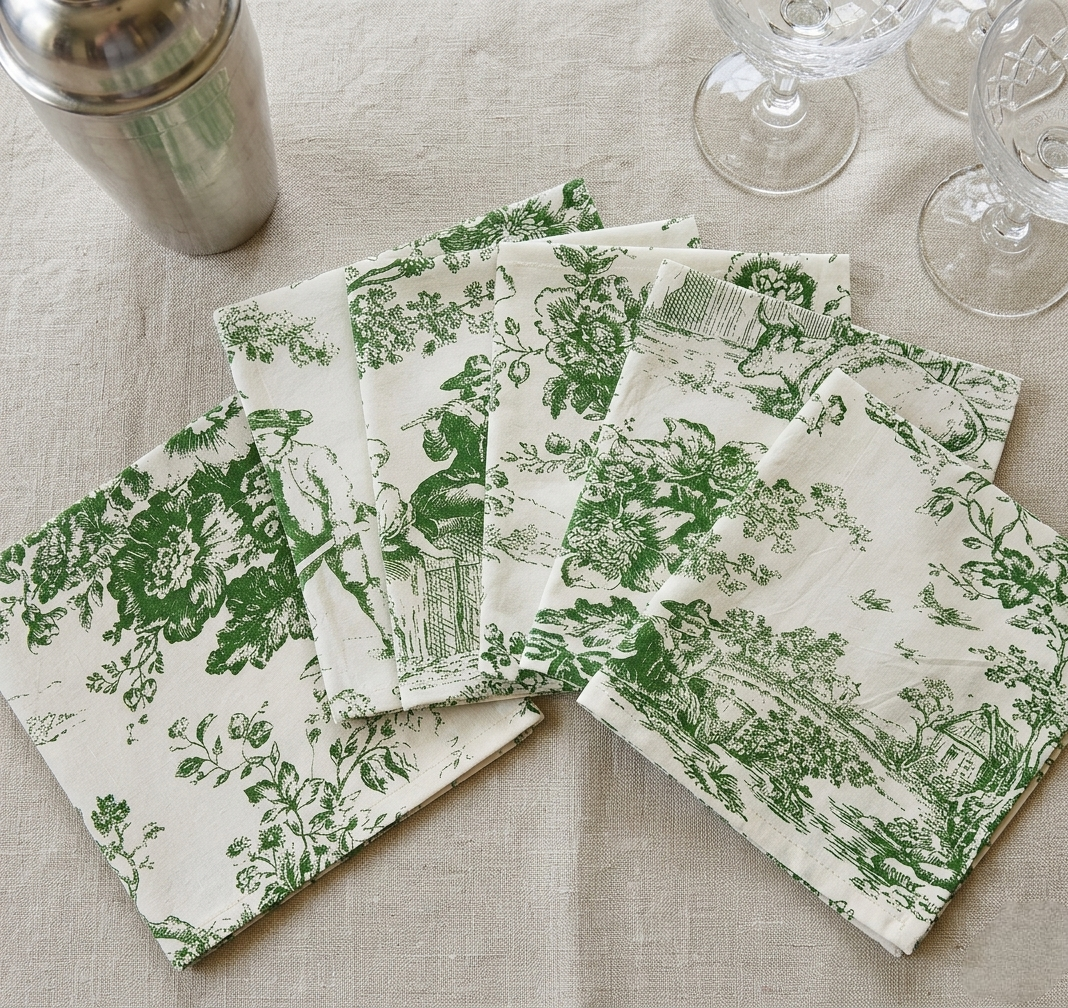 Folded Green Toile cocktail napkin set - Viraasa luxury dining