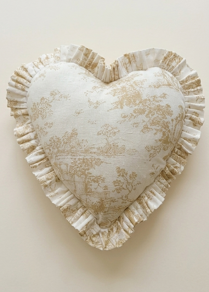 Beige Toile de Jouy Heart Filled Cushion | Vintage French Print Decor