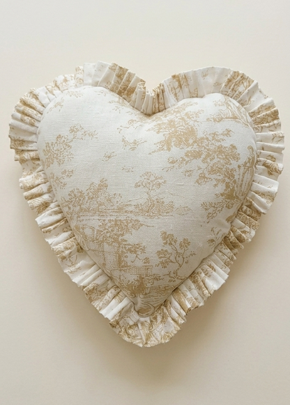 Beige Toile de Jouy Heart Filled Cushion | Vintage French Print Decor