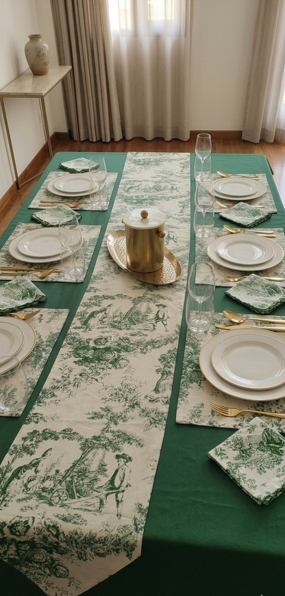 Green Toile de Jouy Complete Table Setting | Solid Cover, Runner, Placemats & Napkins Set