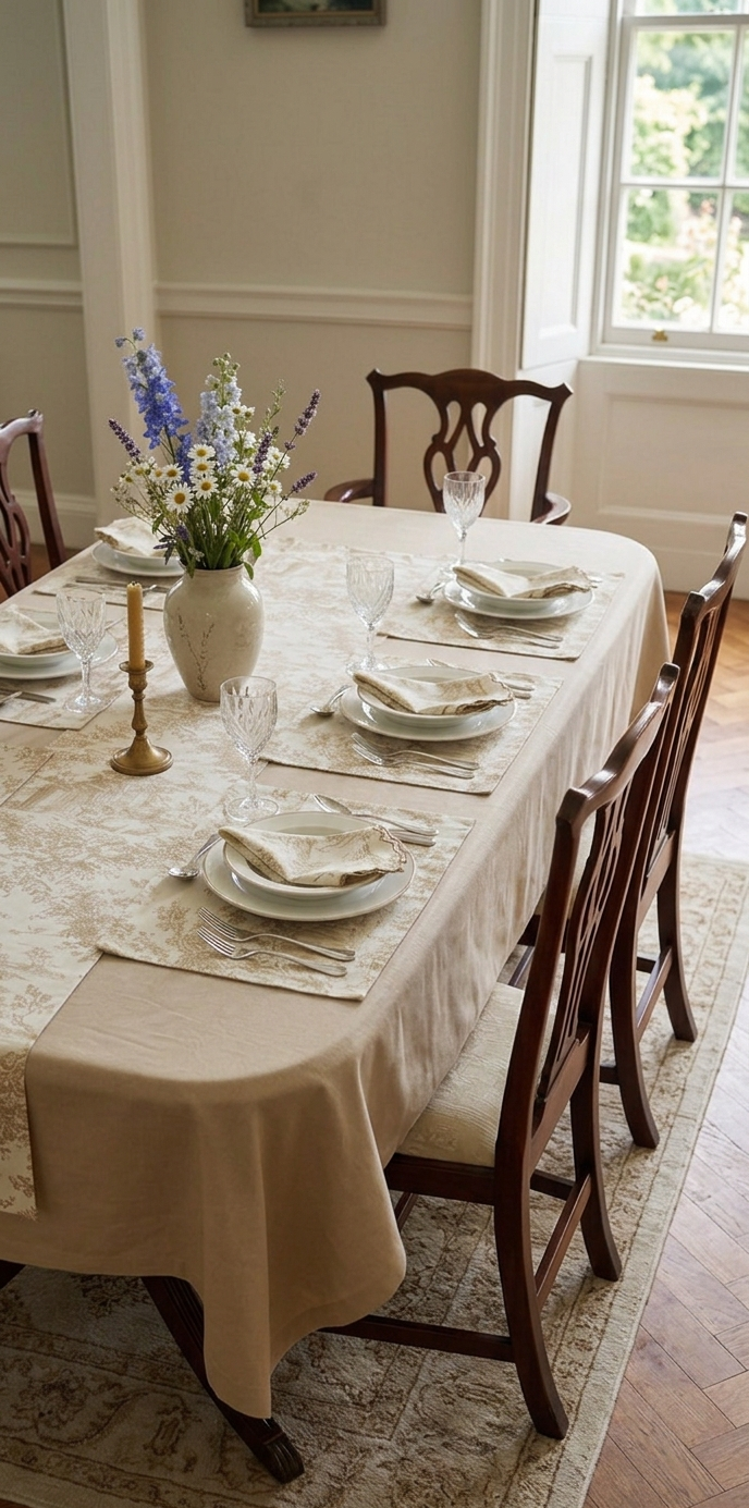 Beige Toile de Jouy Complete Table Setting | Solid Cover, Runner, Placemats & Napkins Set