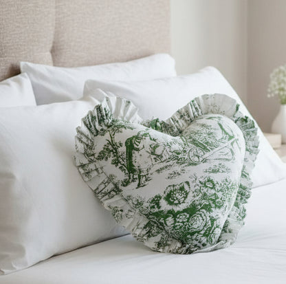 Green Toile de Jouy Heart Cushion Cover - Viraasa luxury French print decor
