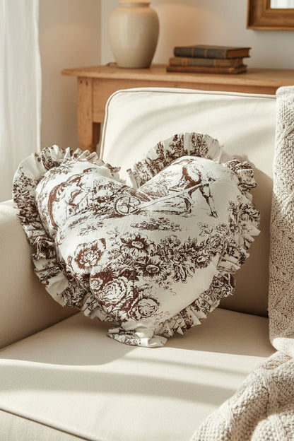 Brown Toile de Jouy Heart Cushion Cover - Viraasa luxury French print decor