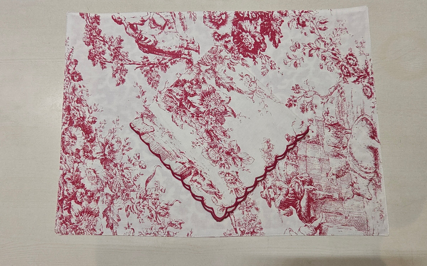 Red Toile de Jouy Table Trio | Runner, Placemats & Napkins Set for 6