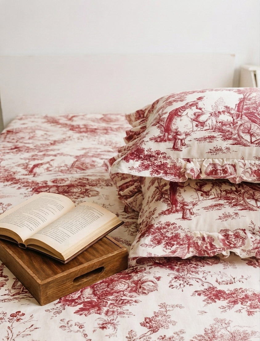 Red Toile de Jouy Cotton Bedsheet Set of 3 | Luxury French Print Bedding