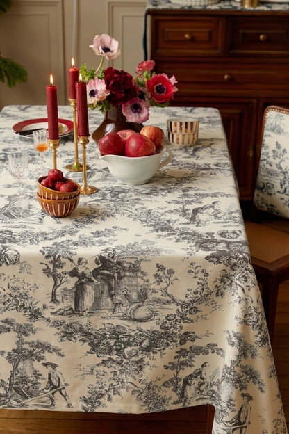 Grey Toile de Jouy Cotton Table Cover | French Print Tablecloth