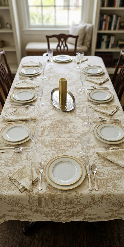 Beige Toile de Jouy Table Cover & Napkins Set | Table Cover with 6 Scallop Napkins