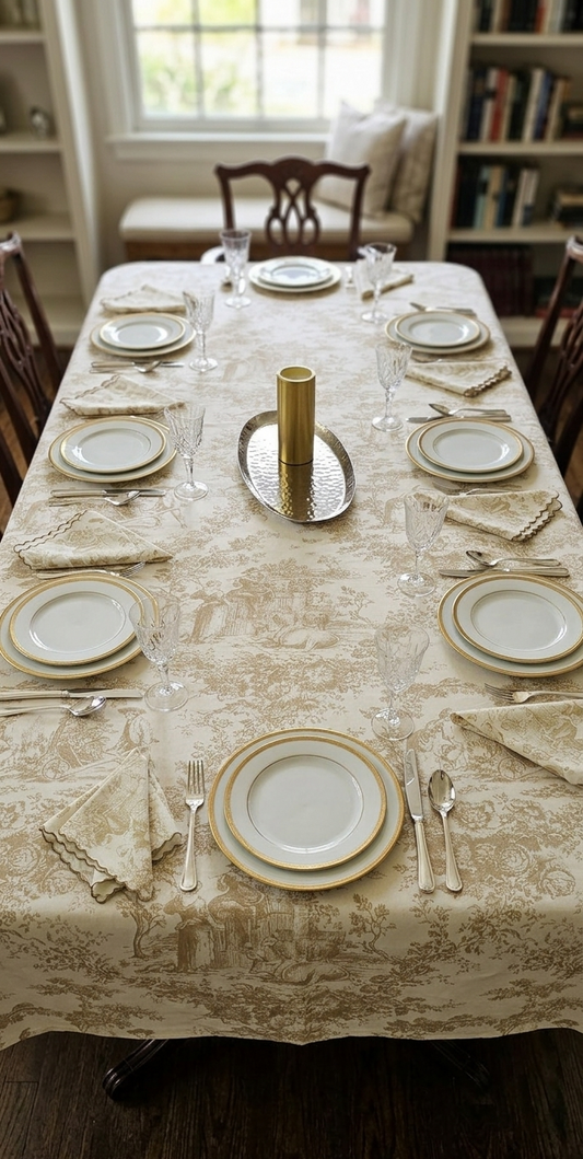 Beige Toile de Jouy Table Cover & Napkins Set | Table Cover with 6 Scallop Napkins