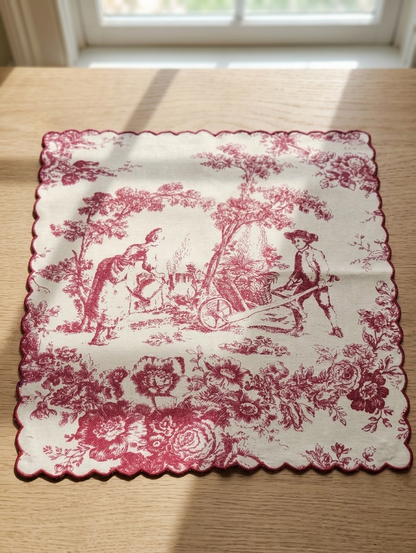 Crimson Red Toile de Jouy Scallop Napkins | Hand-Embroidered Set of 6