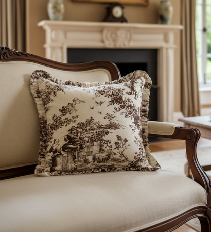 Brown Toile de Jouy Cushion Cover - Viraasa luxury French print home decor