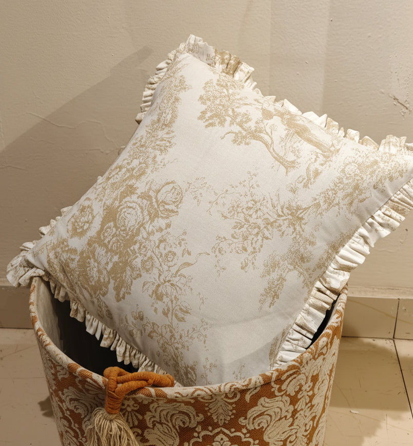 Close-up of beige Toile pattern on cotton cushion - Viraasa