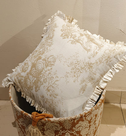 Close-up of beige Toile pattern on cotton cushion - Viraasa