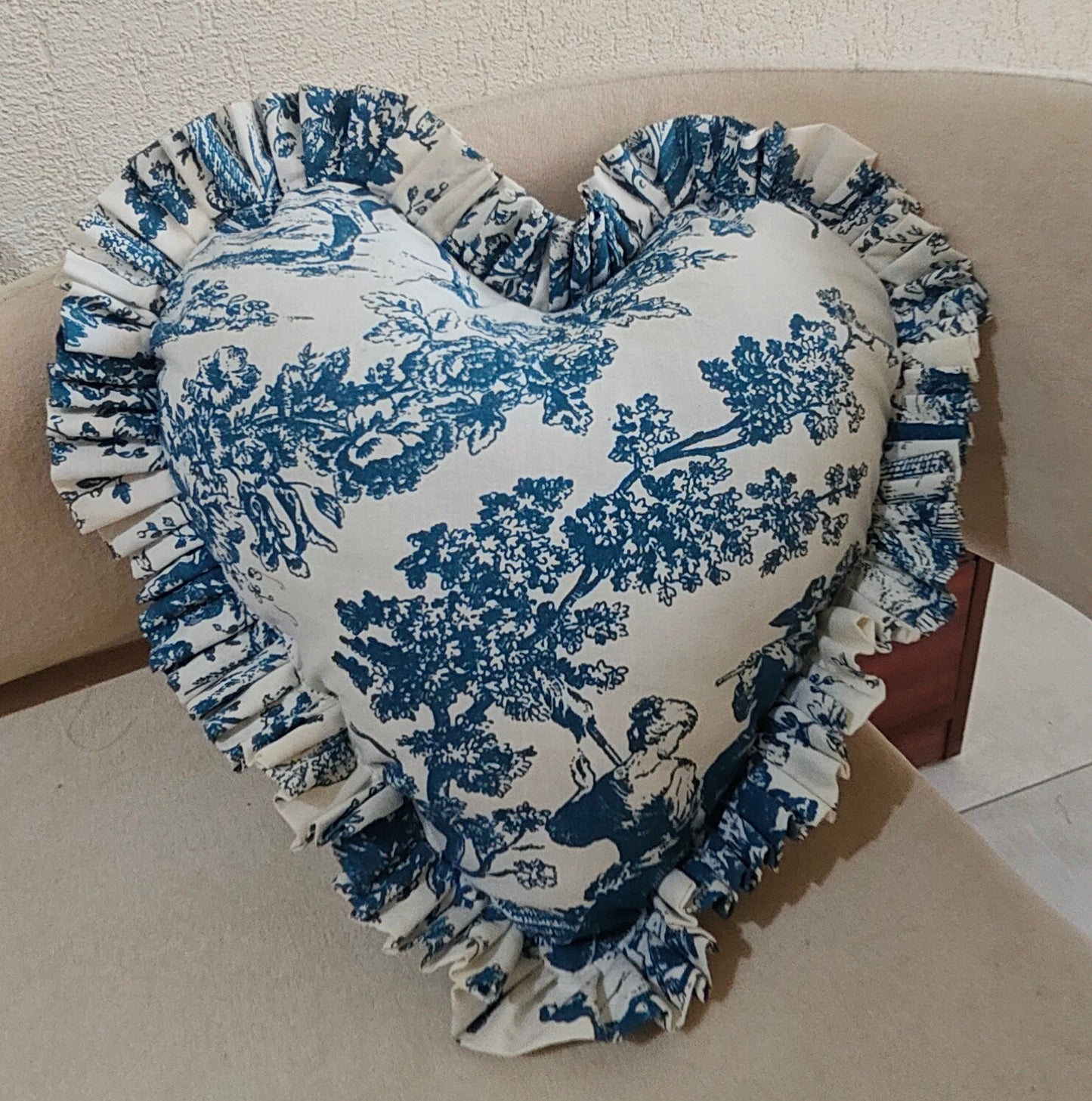 Blue Toile heart-shaped cushion print detail - Viraasa romantic home decor