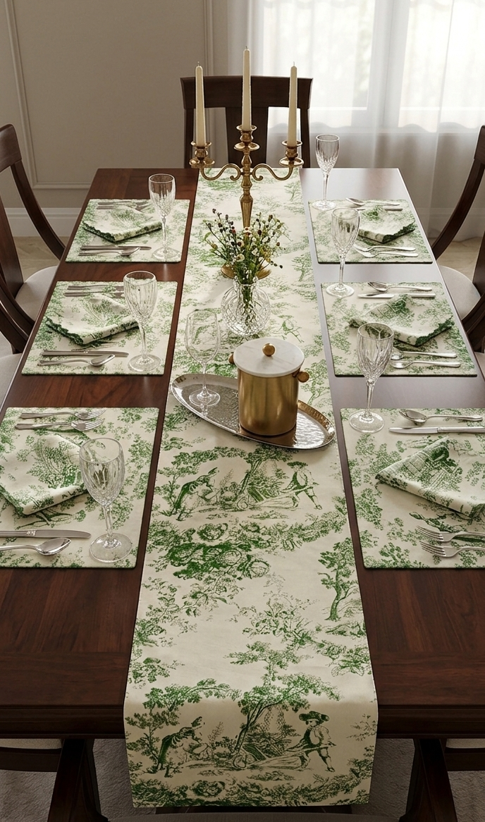 Green Toile de Jouy Table Trio | Runner, Placemats & Napkins Set for 6