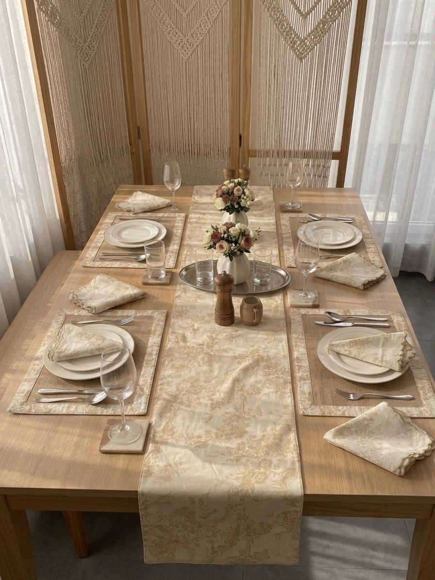 Beige Toile Frame Table | Runner, Placemats & Scalloped Napkins Set