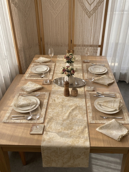 Beige Toile Frame Table | Runner, Placemats & Scalloped Napkins Set
